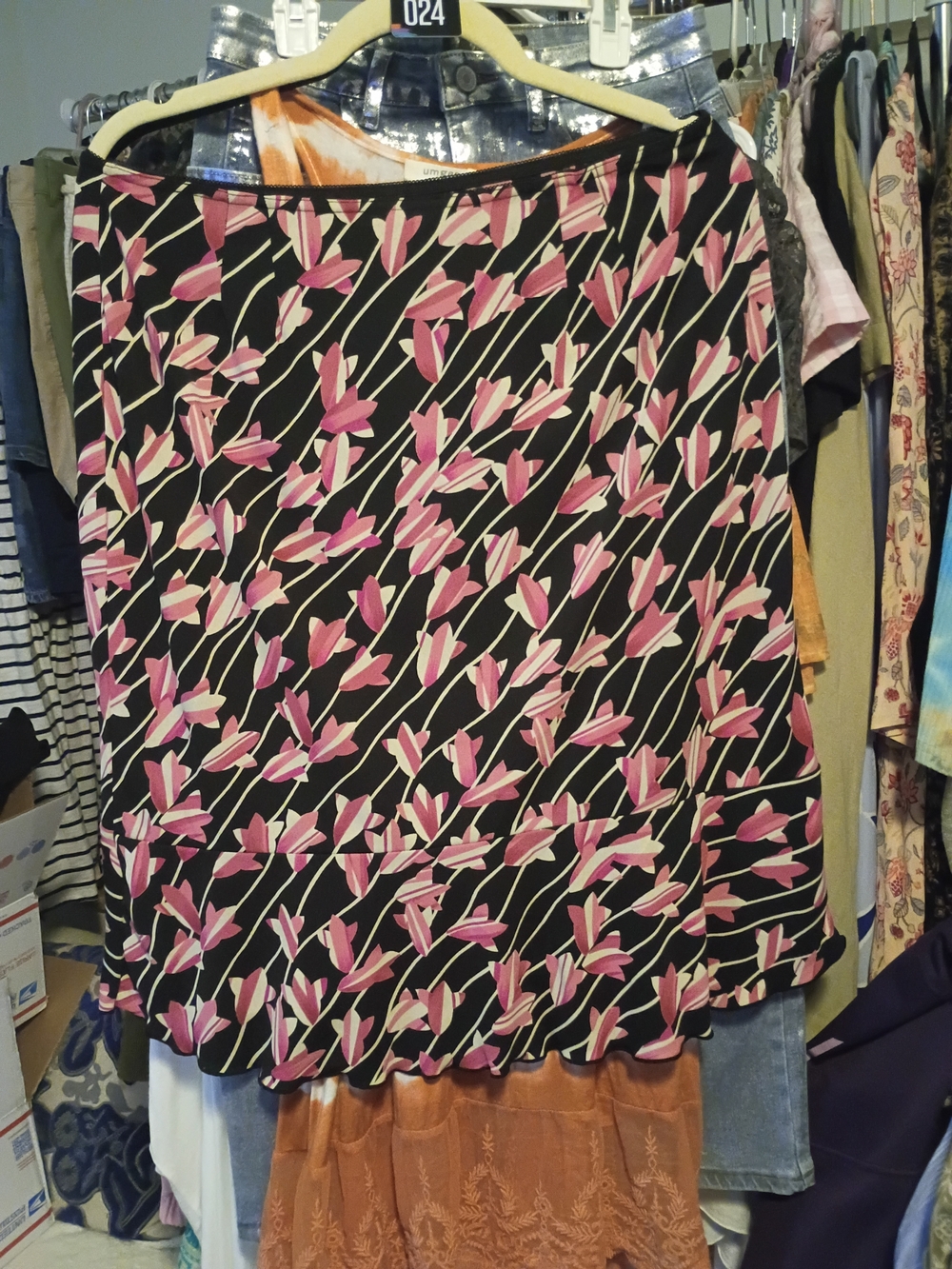 LOFT Black A-Line Skirt with Pink Floral Tulip Print